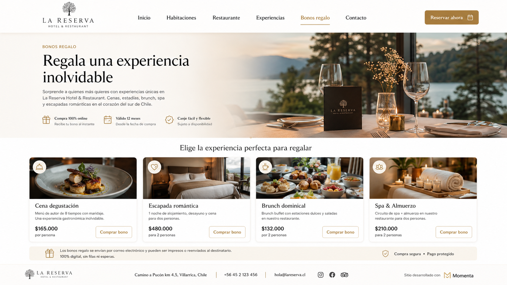 Vista previa de la página de bonos regalo del hotel La Reserva